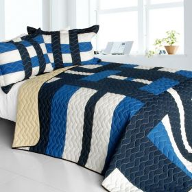 [Waves Axero] Vermicelli-Quilted Patchwork Geometric Quilt Set Full/Queen