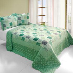 [Green Fields] Cotton 3PC Vermicelli-Quilted Printed Quilt Set (Full/Queen Size)