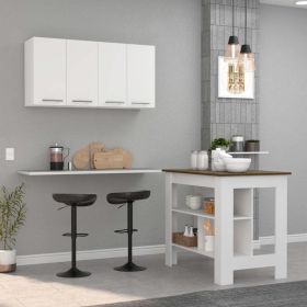 Caledon 2 Piece Kitchen Set, Kitchen Island + Upper Wall Cabinet , White /Walnut (Color: White /Walnut)