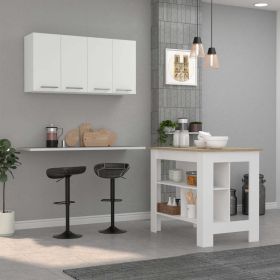 Caledon 2 Piece Kitchen Set, Kitchen Island + Upper Wall Cabinet , White /Walnut (Color: White  /Light Oak)
